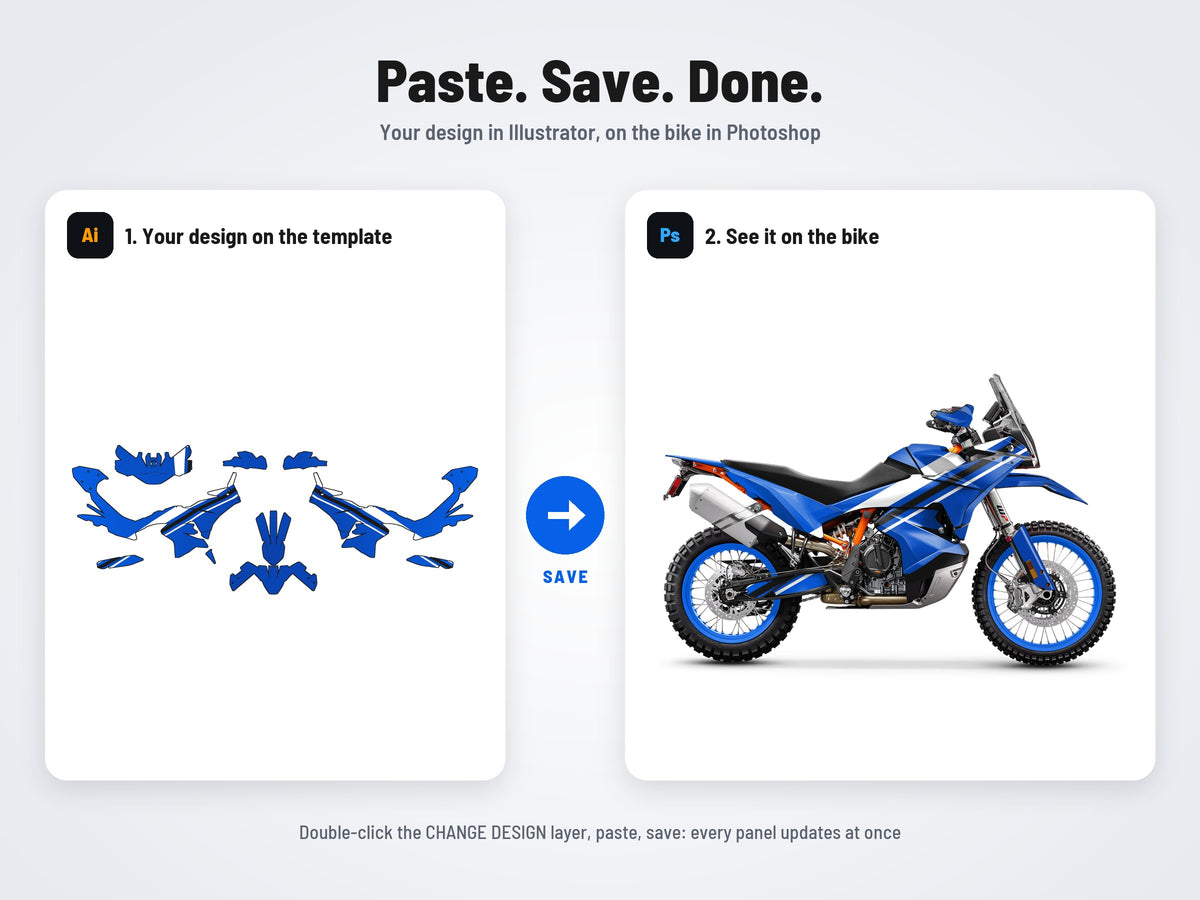 How it works: your design on the flat template in Illustrator, on the bike in Photoshop