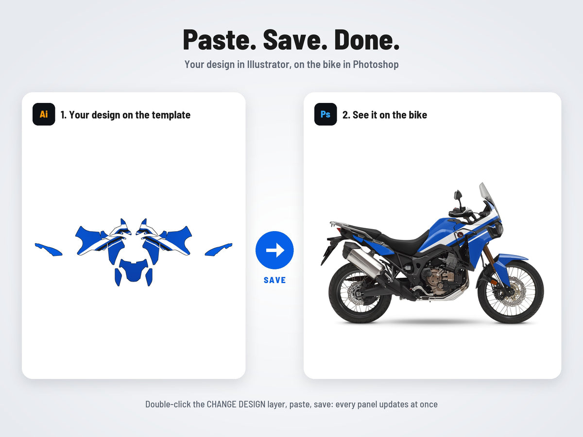 How it works: your design on the flat template in Illustrator, on the bike in Photoshop