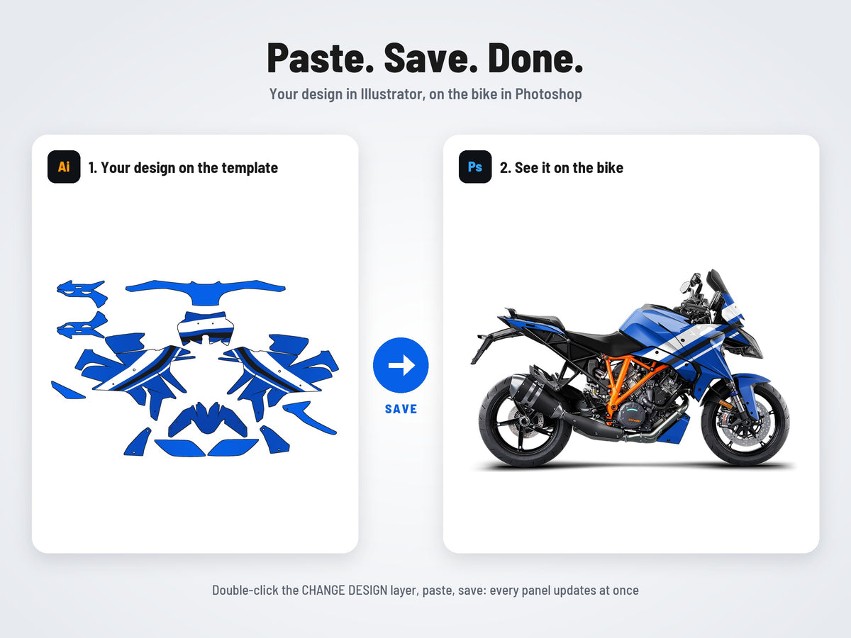 How it works: your design on the flat template in Illustrator, on the bike in Photoshop