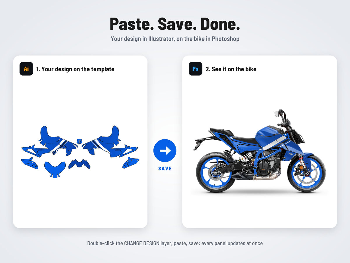 How it works: your design on the flat template in Illustrator, on the bike in Photoshop