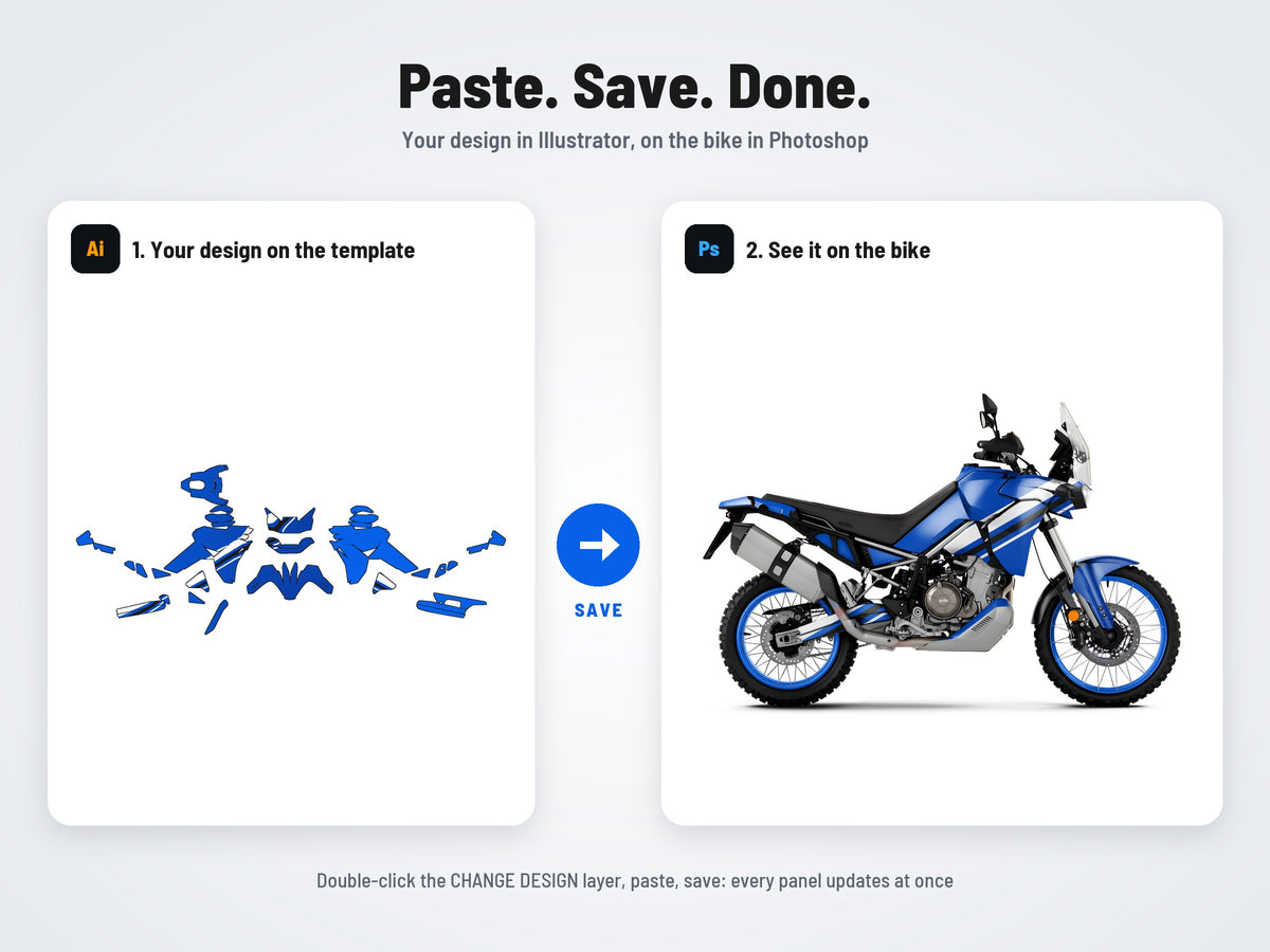 How it works: your design on the flat template in Illustrator, on the bike in Photoshop