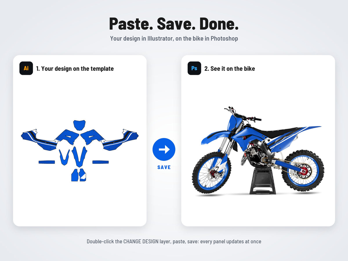 How it works: your design on the flat template in Illustrator, on the bike in Photoshop