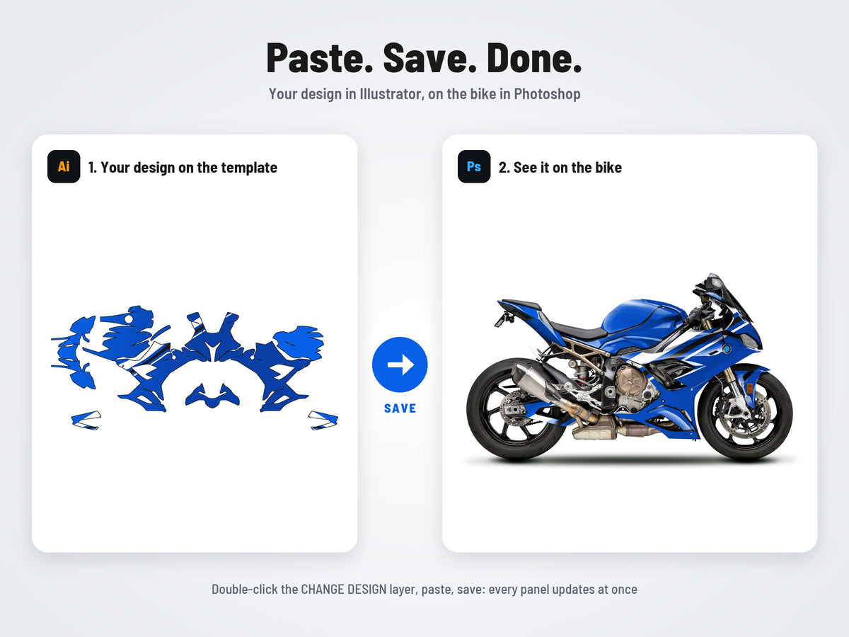 How it works: your design on the flat template in Illustrator, on the bike in Photoshop