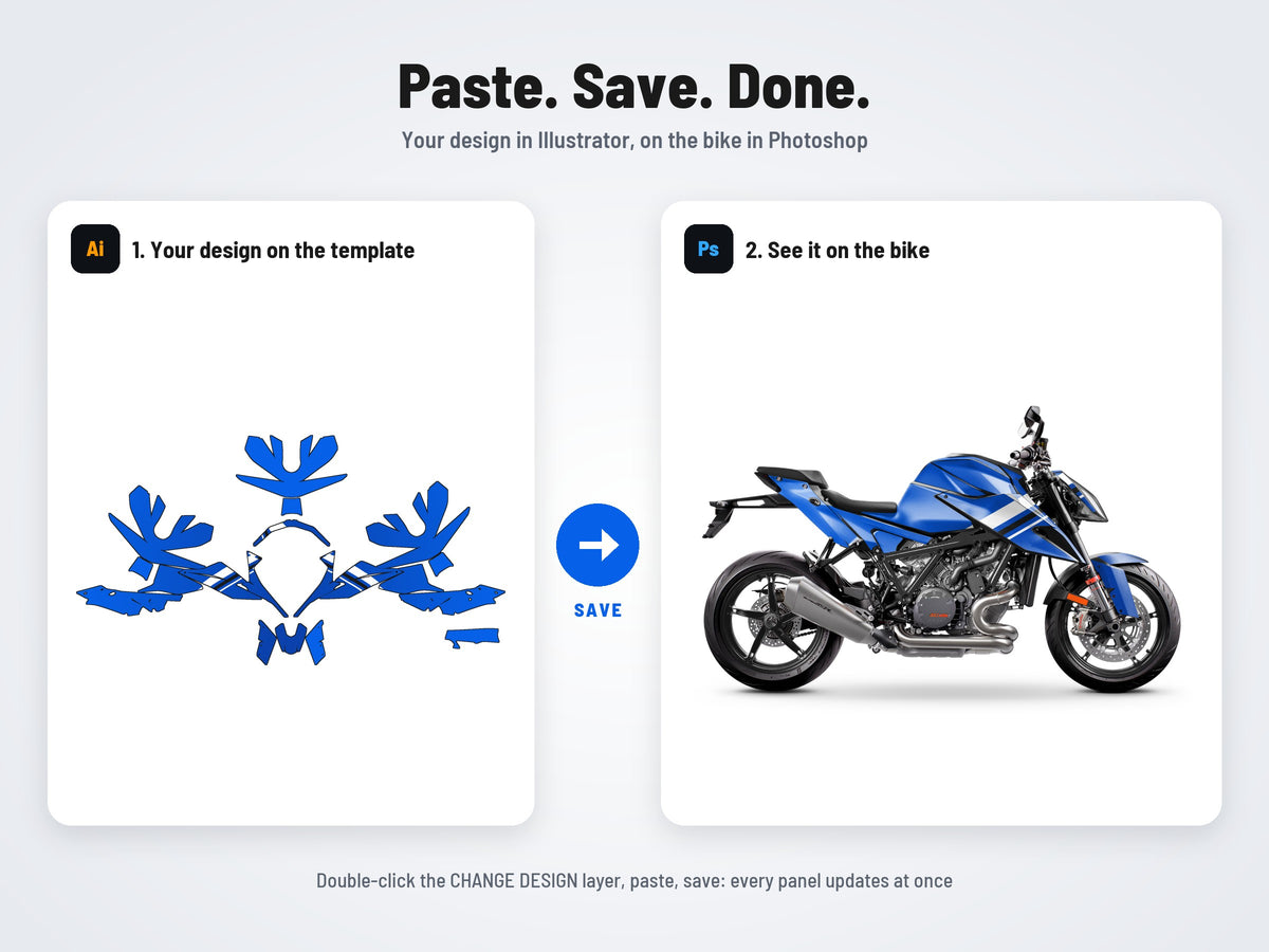 How it works: your design on the flat template in Illustrator, on the bike in Photoshop