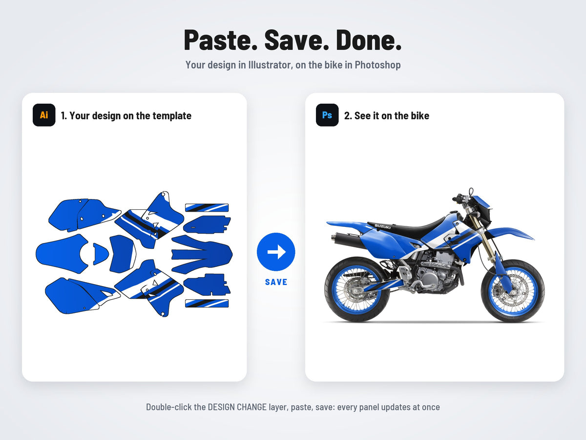 How it works: your design on the flat template in Illustrator, on the bike in Photoshop