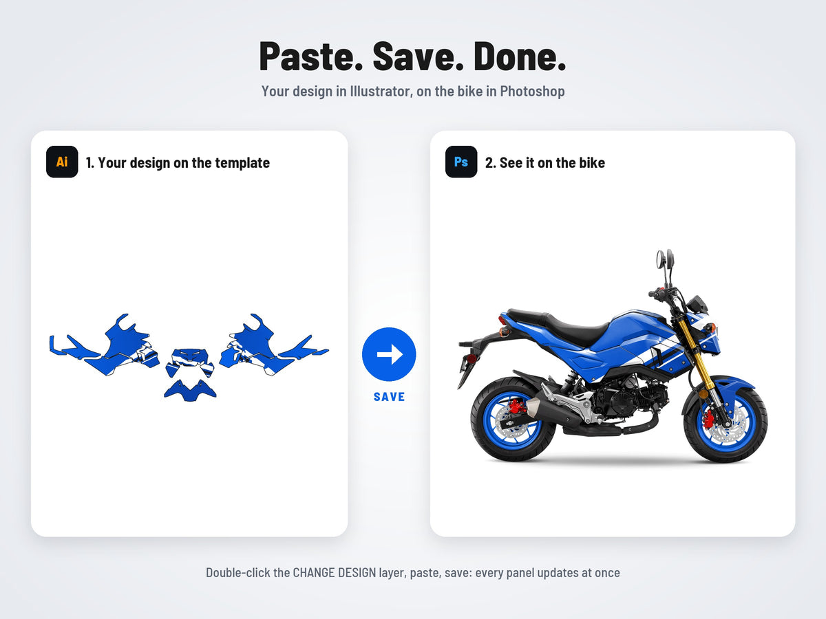 How it works: your design on the flat template in Illustrator, on the bike in Photoshop