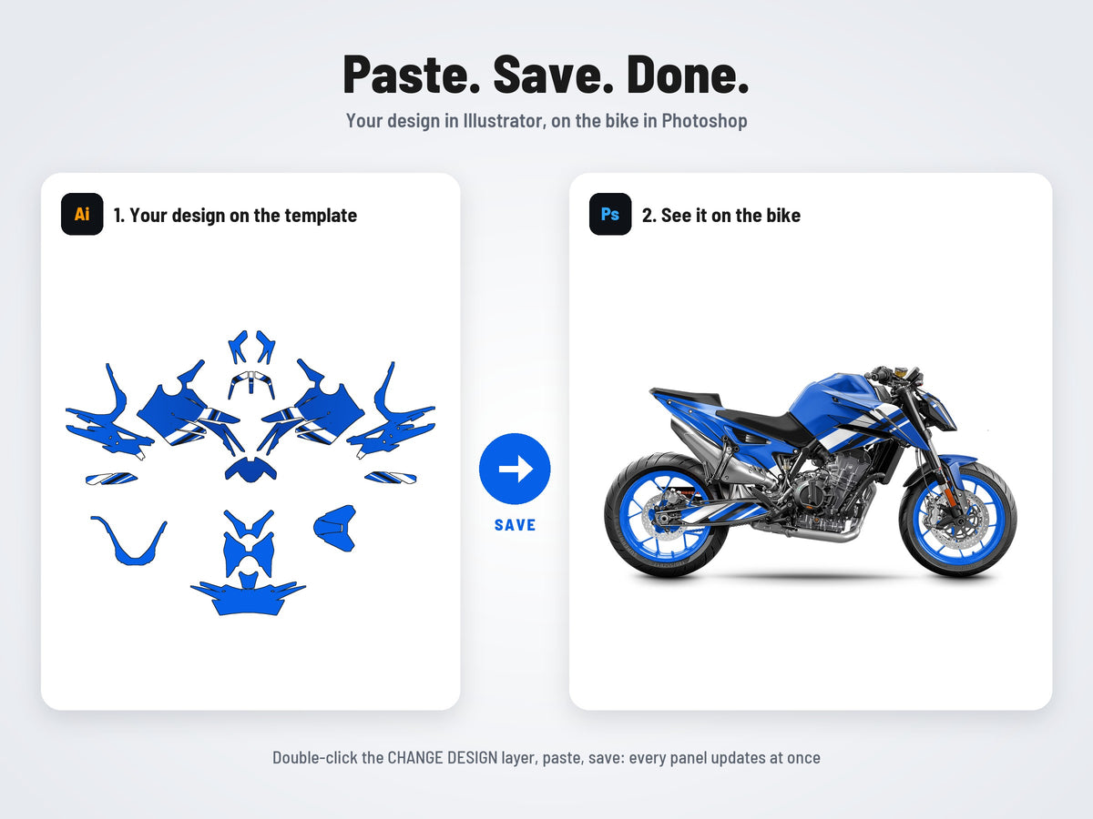 How it works: your design on the flat template in Illustrator, on the bike in Photoshop