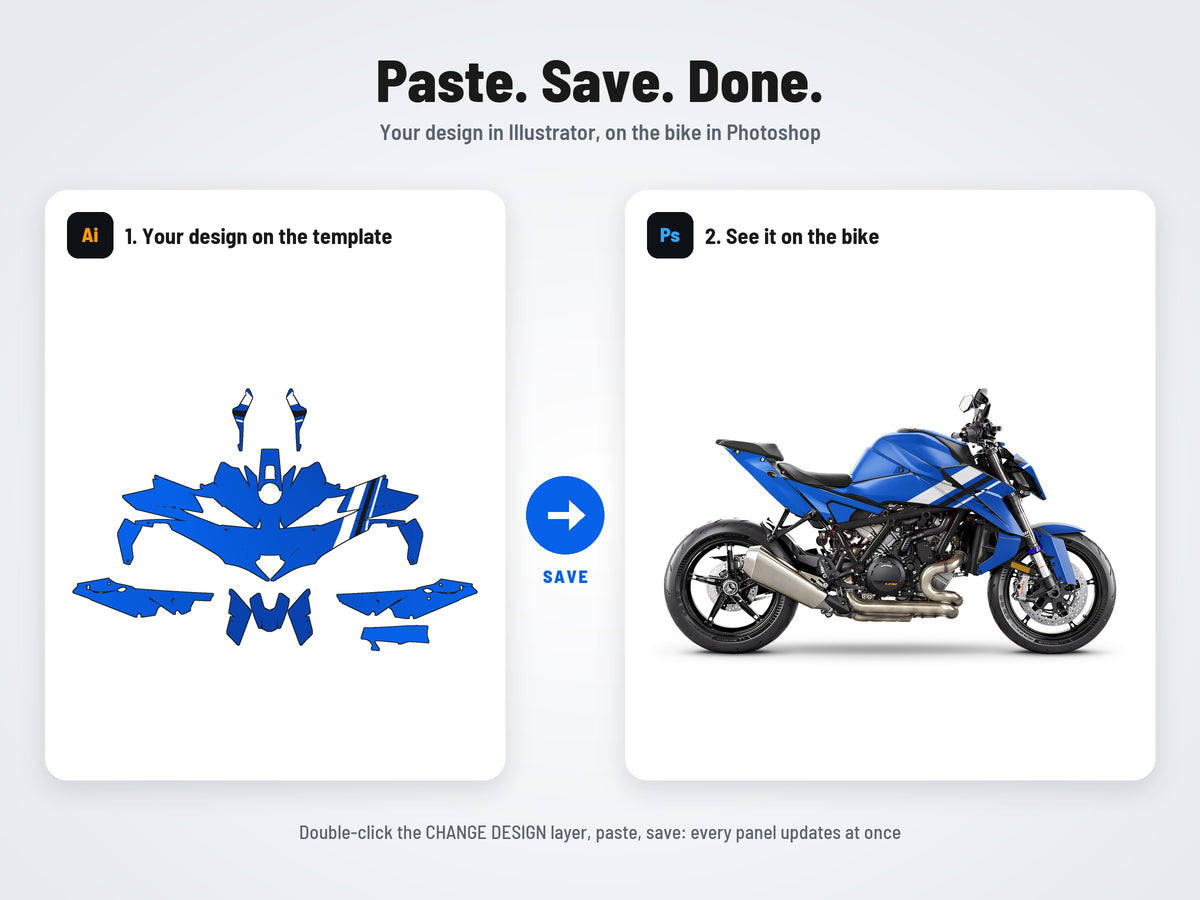 How it works: your design on the flat template in Illustrator, on the bike in Photoshop