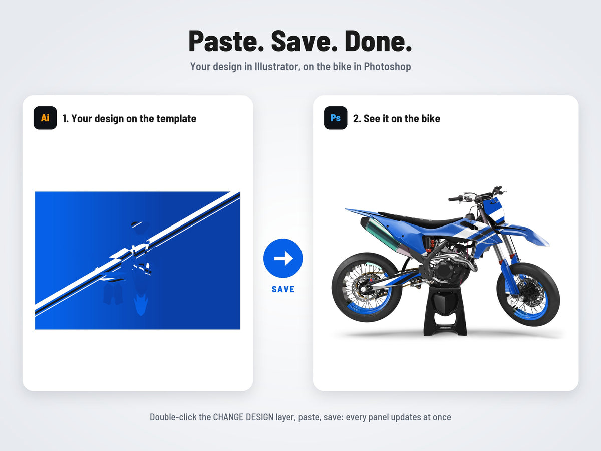 How it works: your design on the flat template in Illustrator, on the bike in Photoshop