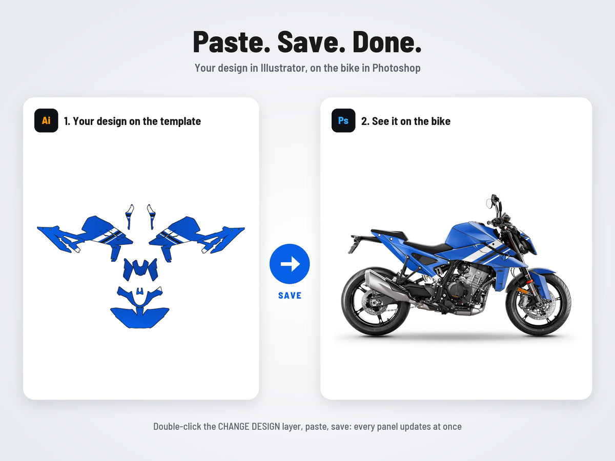 How it works: your design on the flat template in Illustrator, on the bike in Photoshop