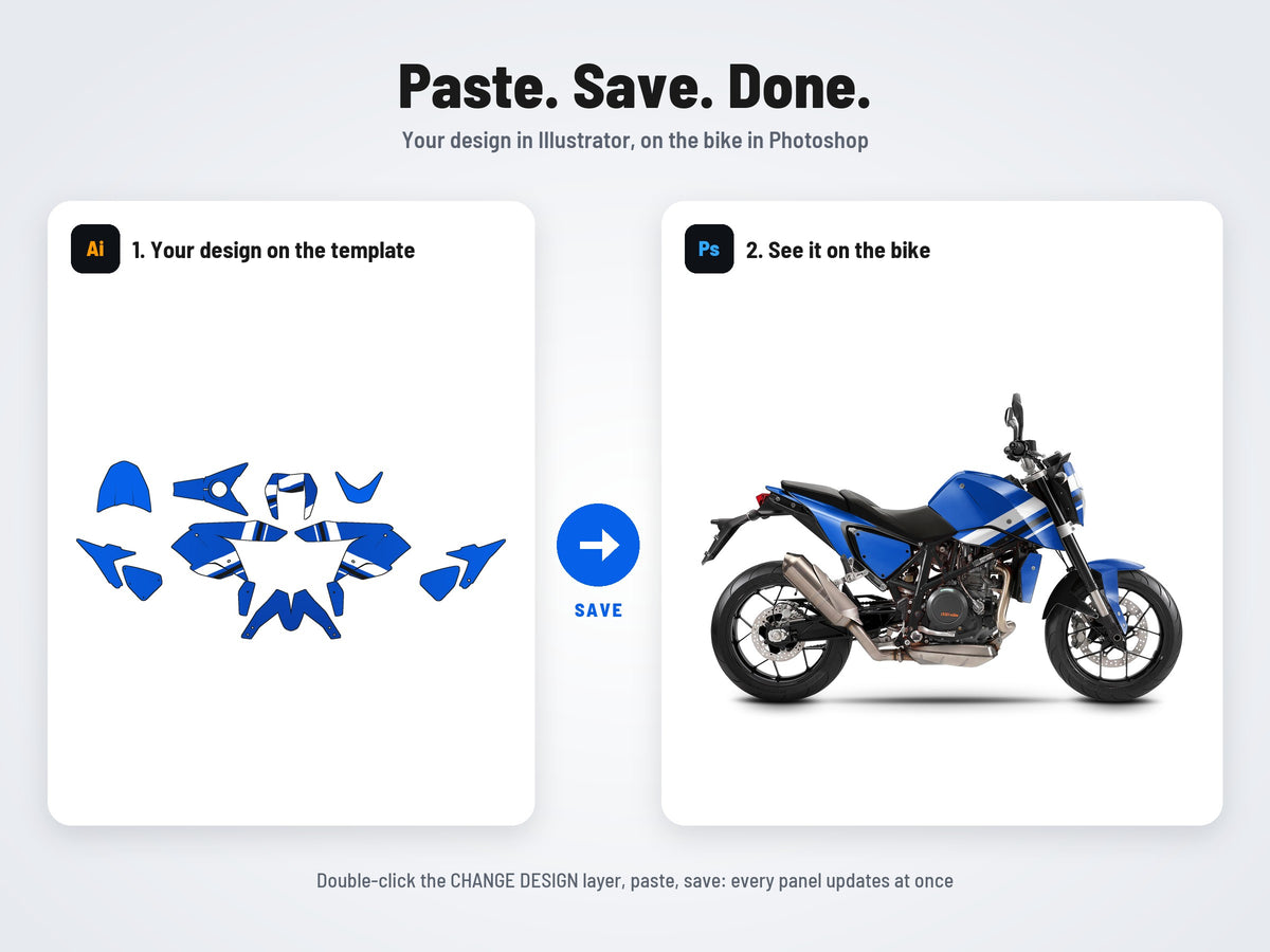 How it works: your design on the flat template in Illustrator, on the bike in Photoshop