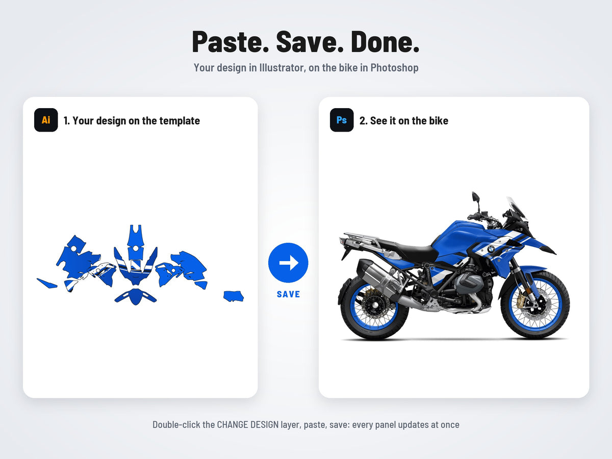 How it works: your design on the flat template in Illustrator, on the bike in Photoshop