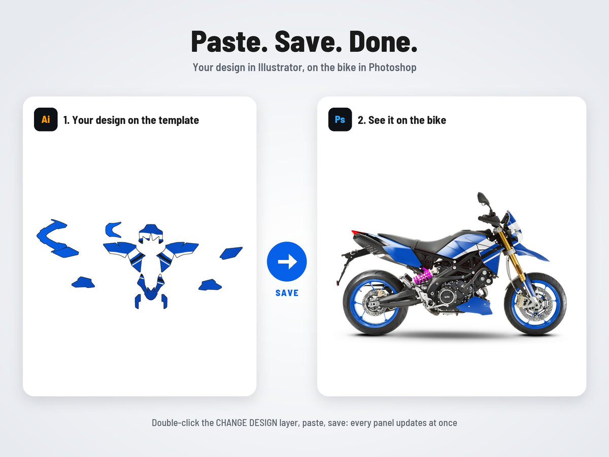 How it works: your design on the flat template in Illustrator, on the bike in Photoshop
