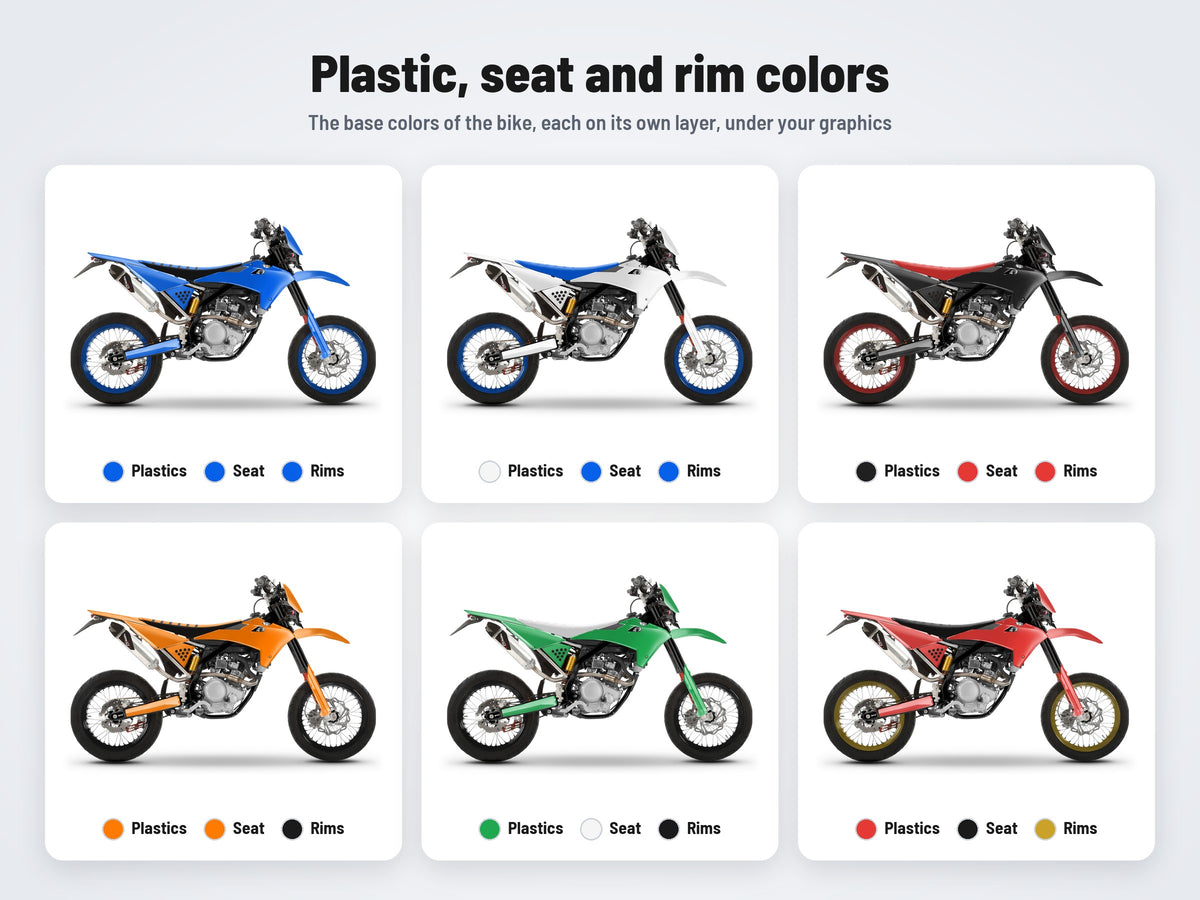 Base colors of the Fantic 50 / 125 mockup: plastics, seat and rims in six combinations