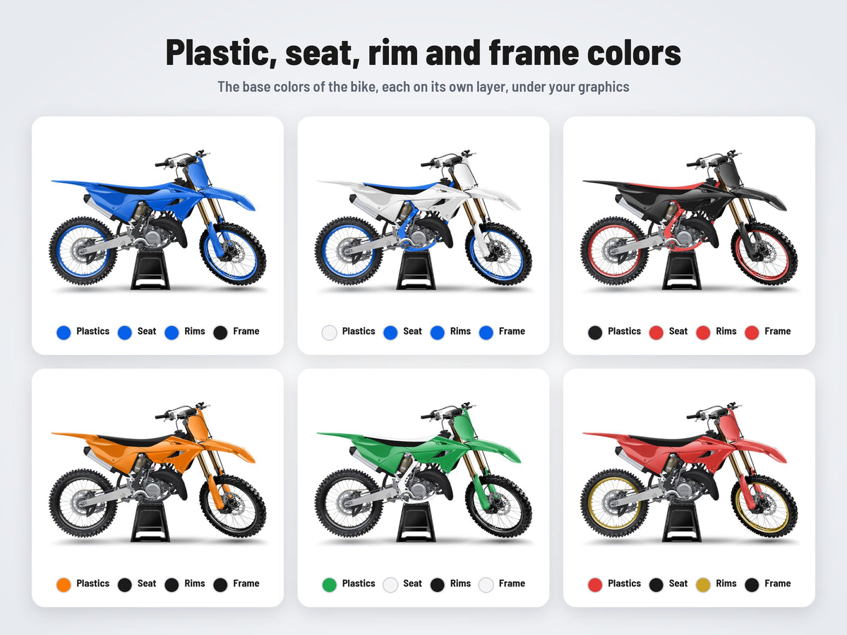 Base colors of the Yamaha YZ 125 / 250 mockup: plastics, seat, rims and frame in six combinations