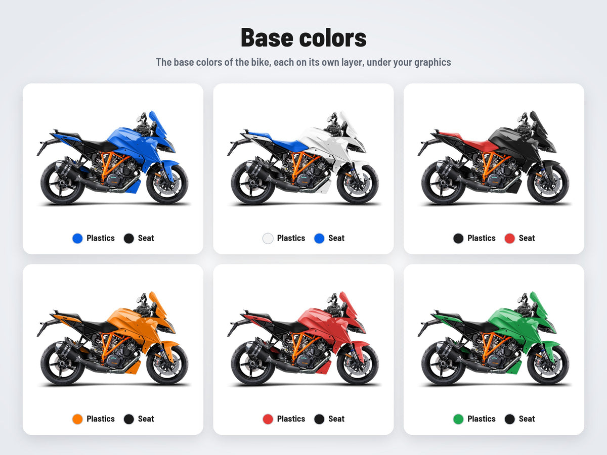 Base colors of the KTM Super Duke 1290 GT 2019-2024 mockup in six combinations