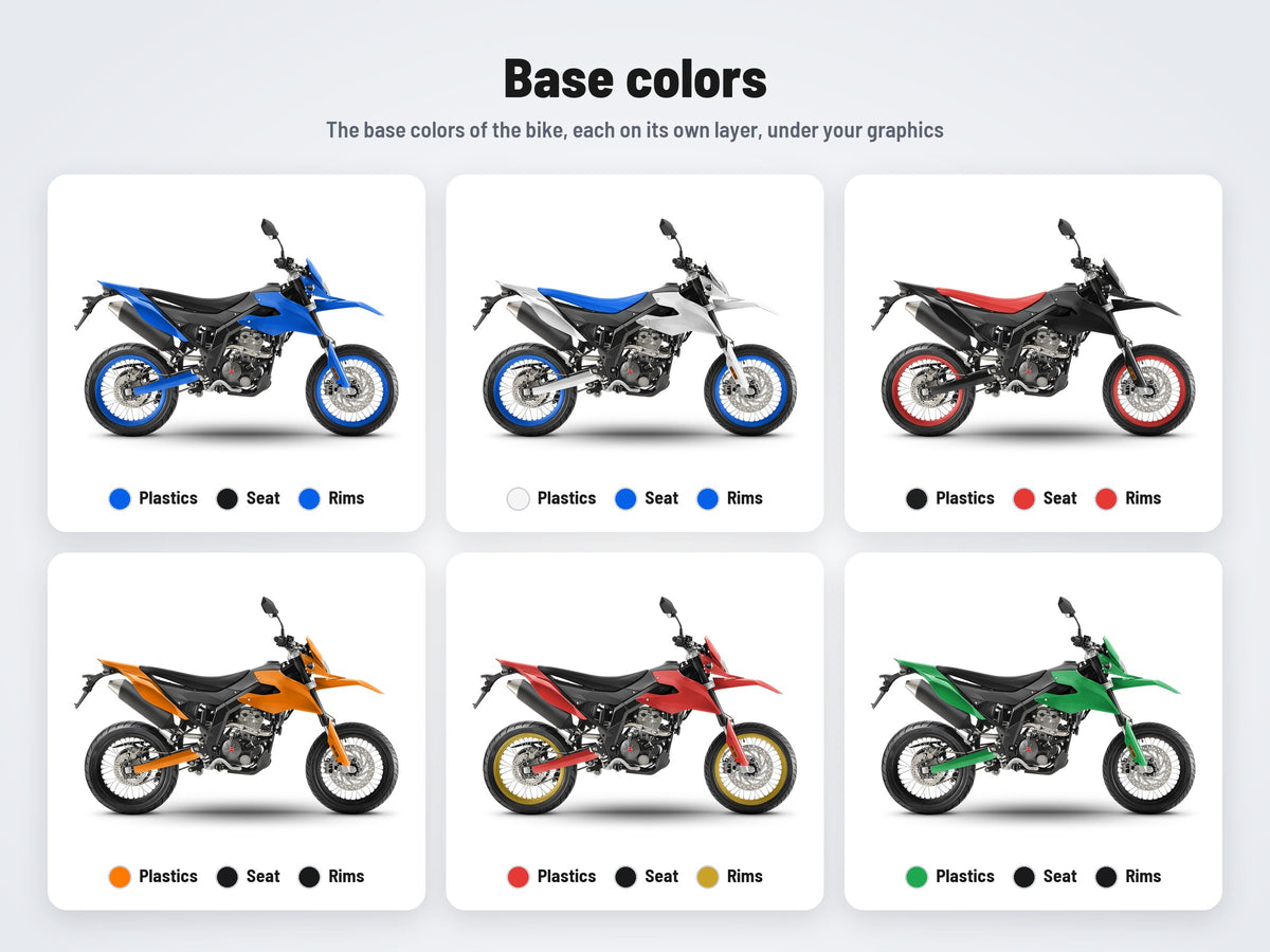 Base colors of the Aprilia SX 125 2018-2020 mockup in six combinations