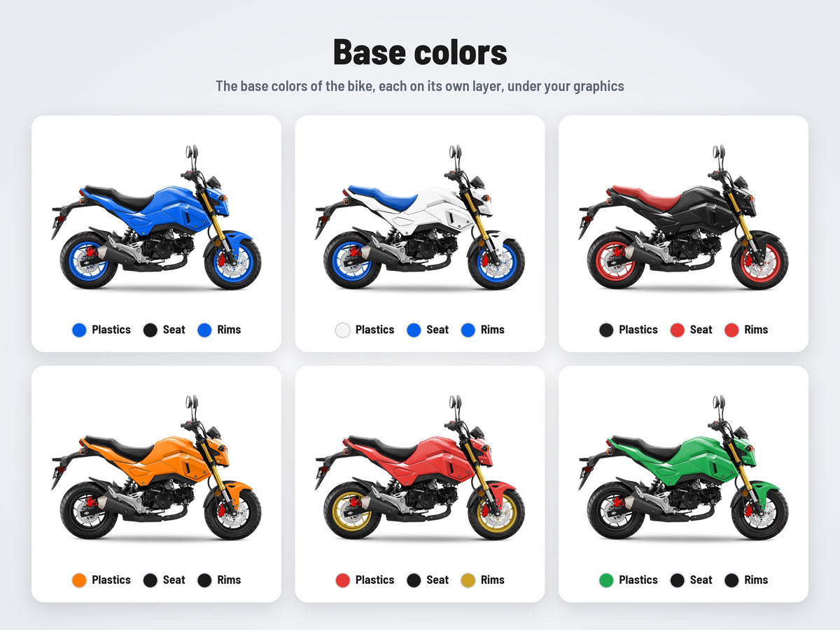 Base colors of the Honda Grom MSX 125 2017-2020 mockup in six combinations
