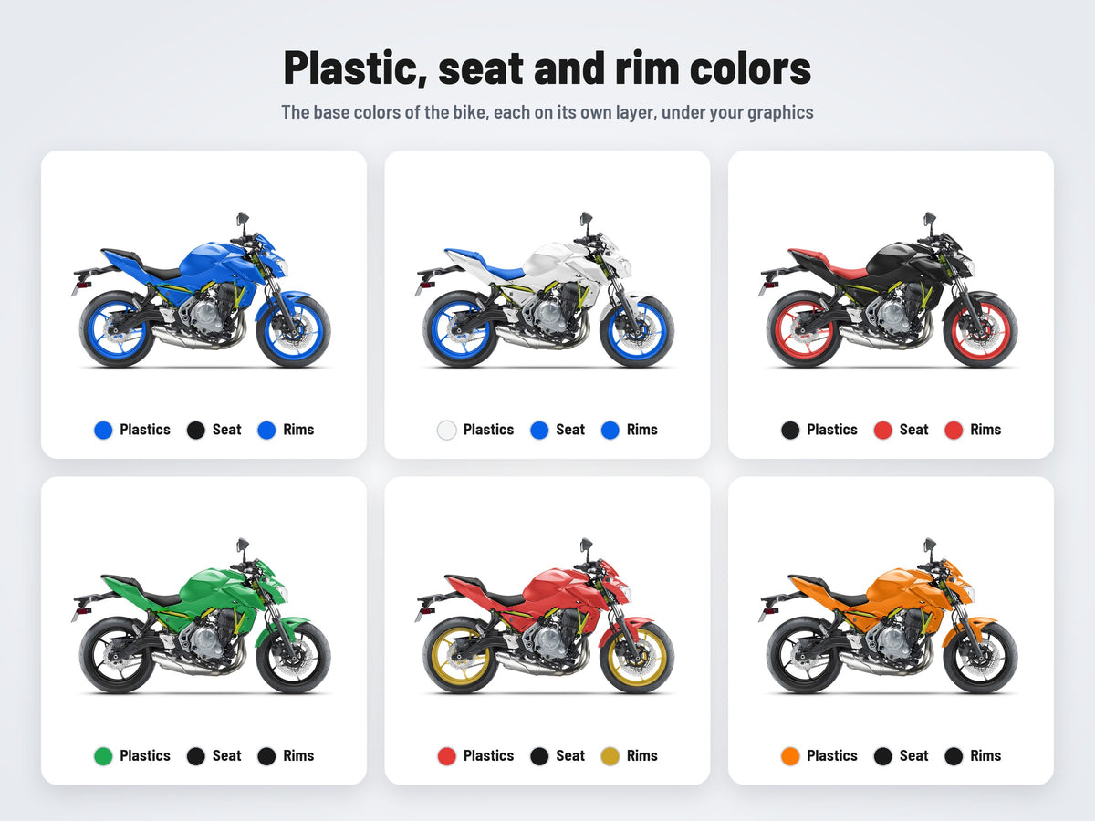 Base colors of the Kawasaki Z 650 mockup in six combinations