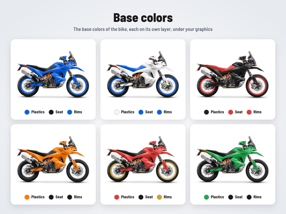 Base colors of the KTM 890 Adventure 2023-2026 mockup in six combinations