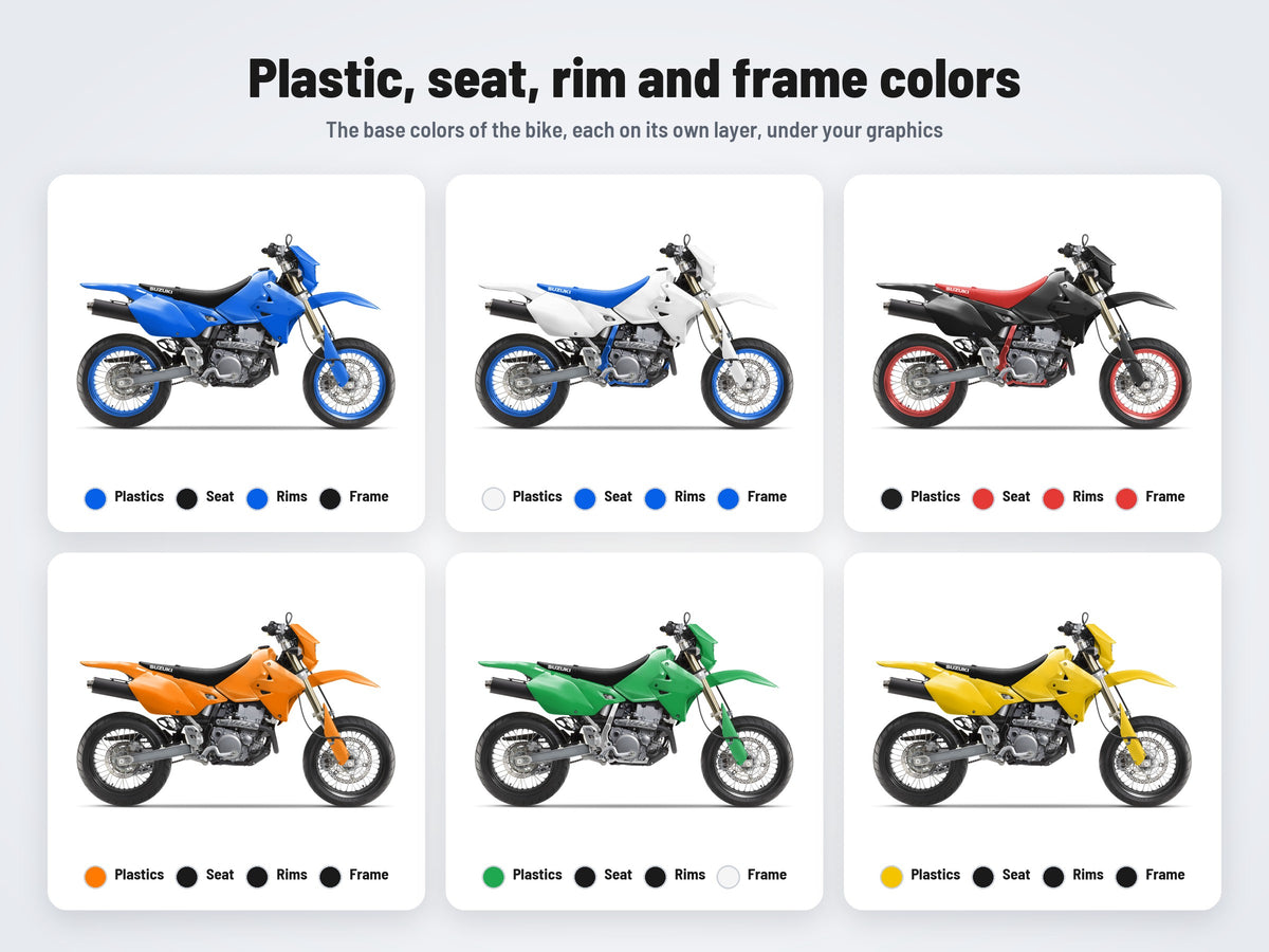 Base colors of the Suzuki DRZ 400 SM mockup: plastics, seat, rims and frame in six combinations