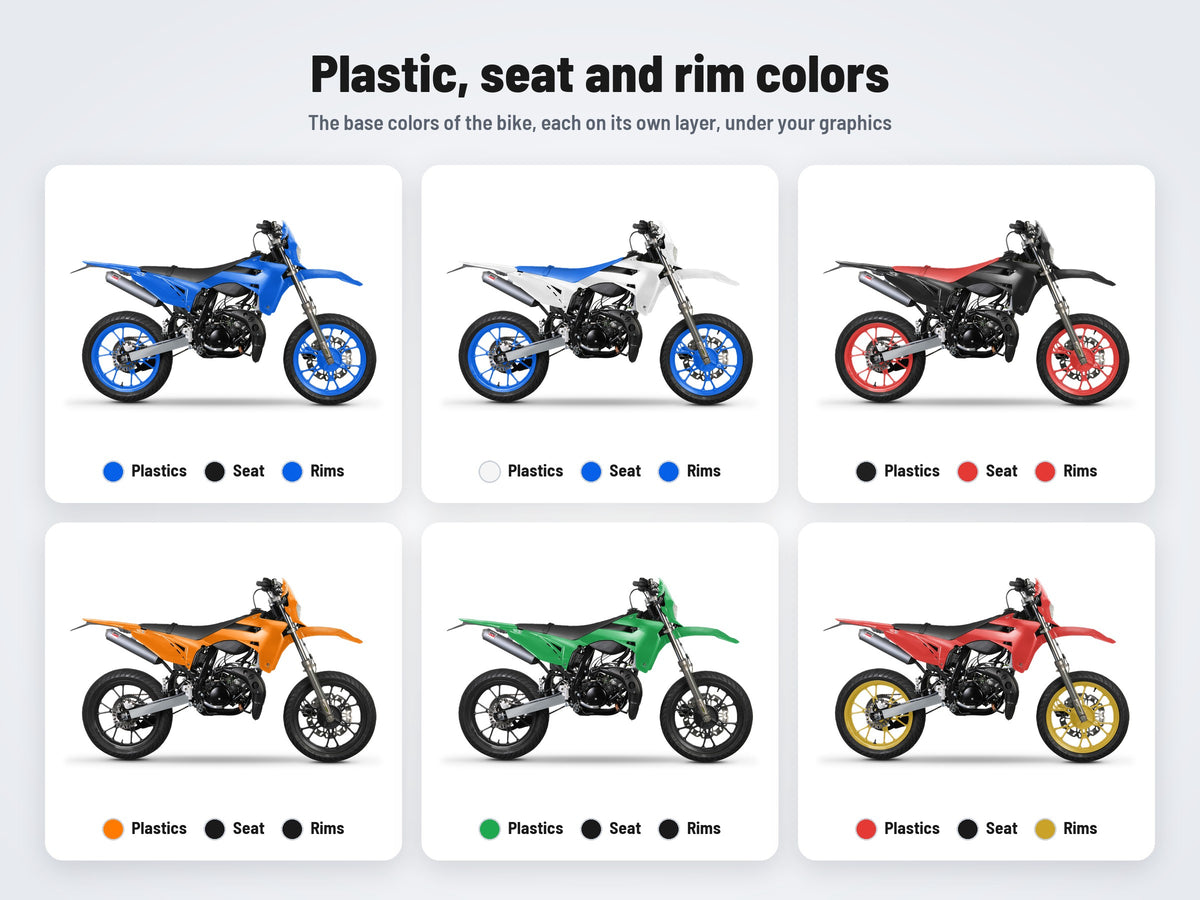 Base colors of the Sherco 50 SM-R mockup: plastics, seat and rims in six combinations