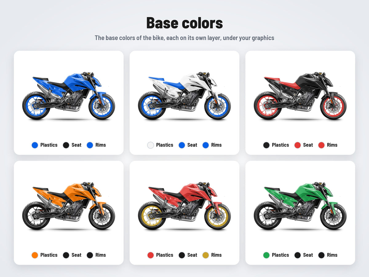 Base colors of the KTM 790 / 890 Duke 2018-2023 mockup in six combinations