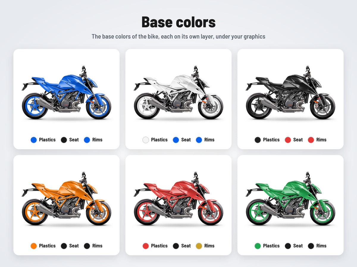 Base colors of the KTM 1290 Super Duke R 2020-2024 mockup in six combinations