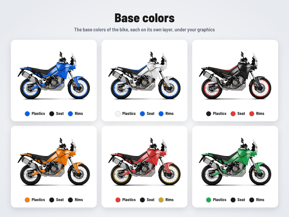 Base colors of the Aprilia Tuareg 660 2022-2024 mockup in six combinations