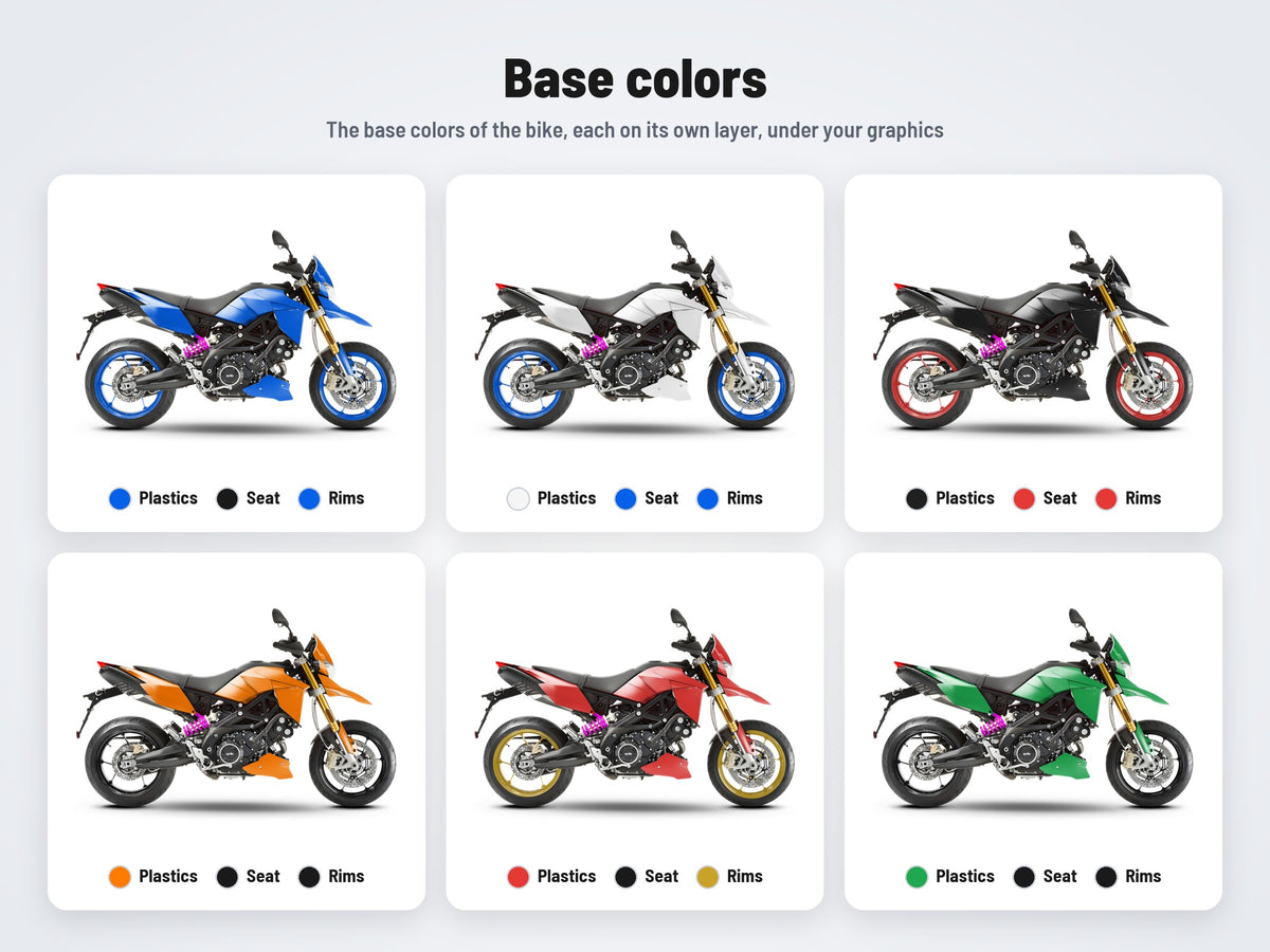 Base colors of the Aprilia Dorsoduro 900 2017-2020 mockup in six combinations