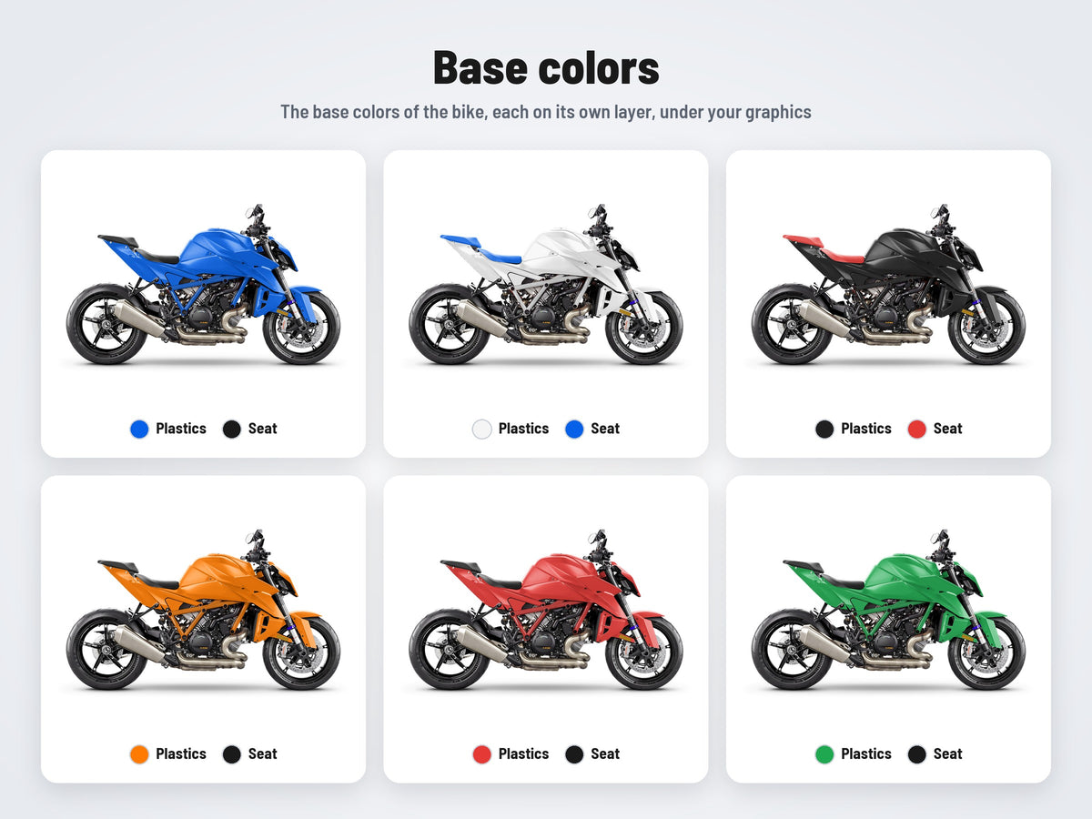 Base colors of the KTM 1390 Super Duke R 2024 mockup in six combinations