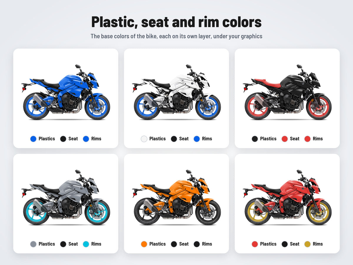 Base colors of the Yamaha MT-10 mockup: plastics, seat and rims in six combinations
