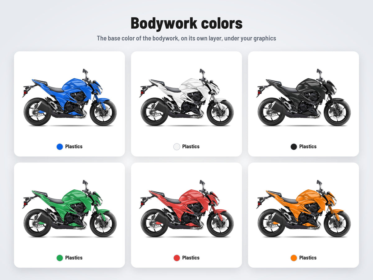 Base colors of the Kawasaki Z800 mockup in six combinations