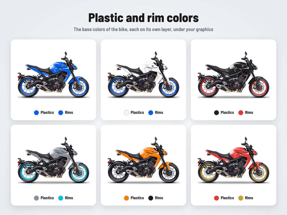 Base colors of the Yamaha MT-09 mockup: plastics and rims in six combinations