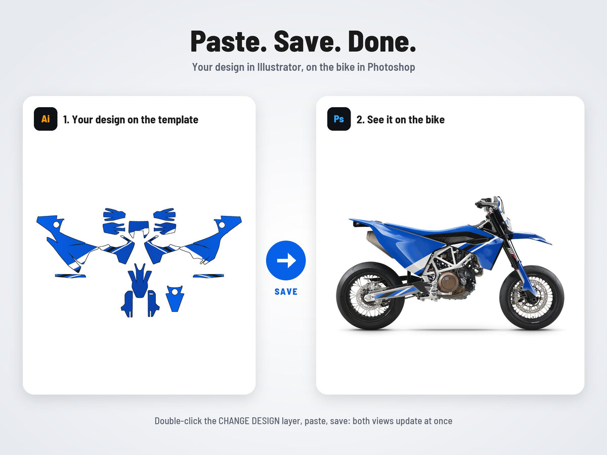 How it works: your design on the flat template in Illustrator, on both views in Photoshop