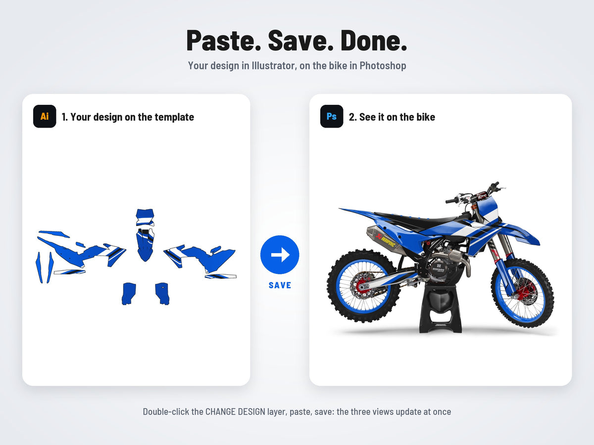 How it works: your design on the flat template in Illustrator, on the bike in Photoshop