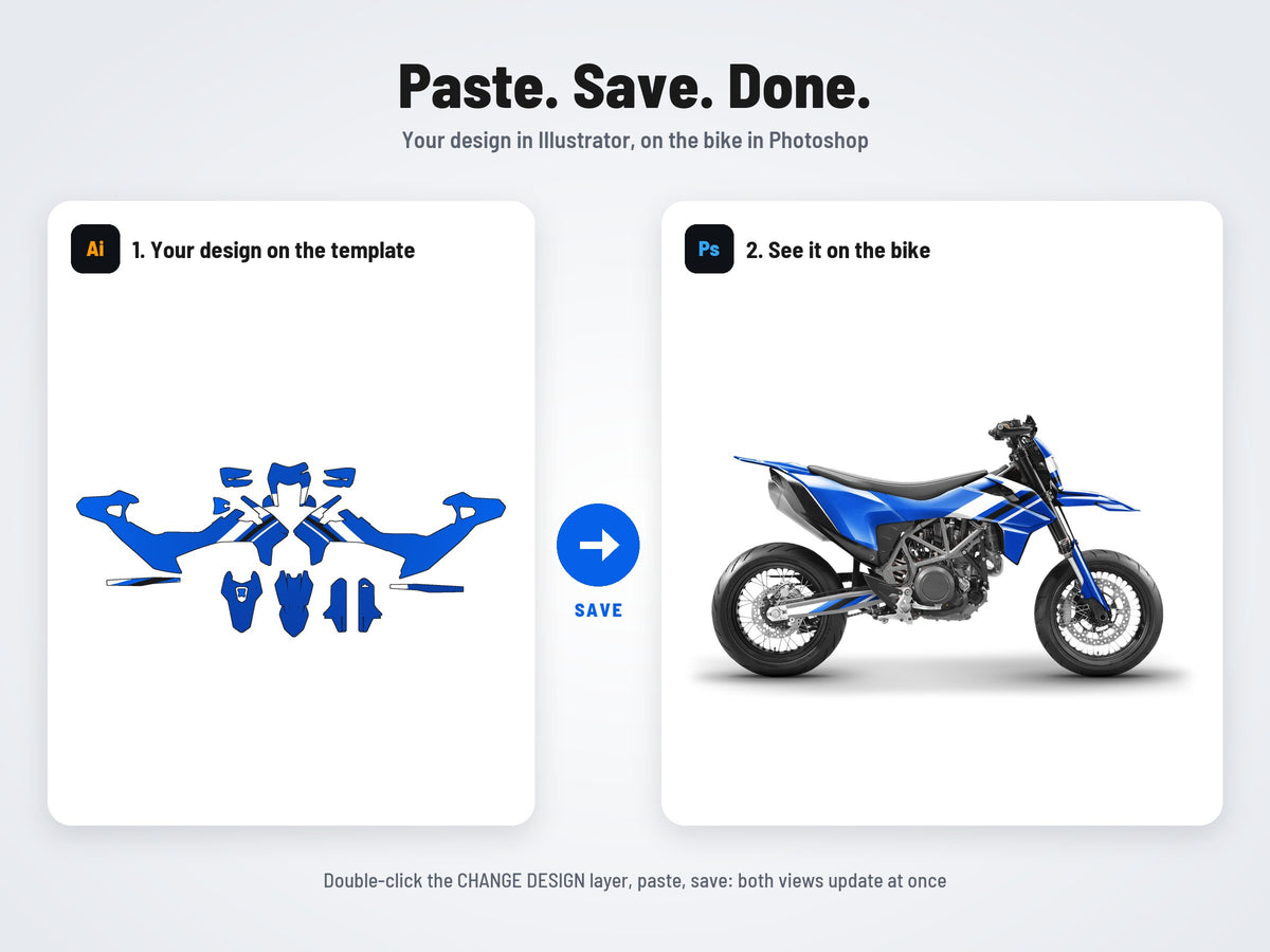 How it works: your design on the flat template in Illustrator, on the bike in Photoshop
