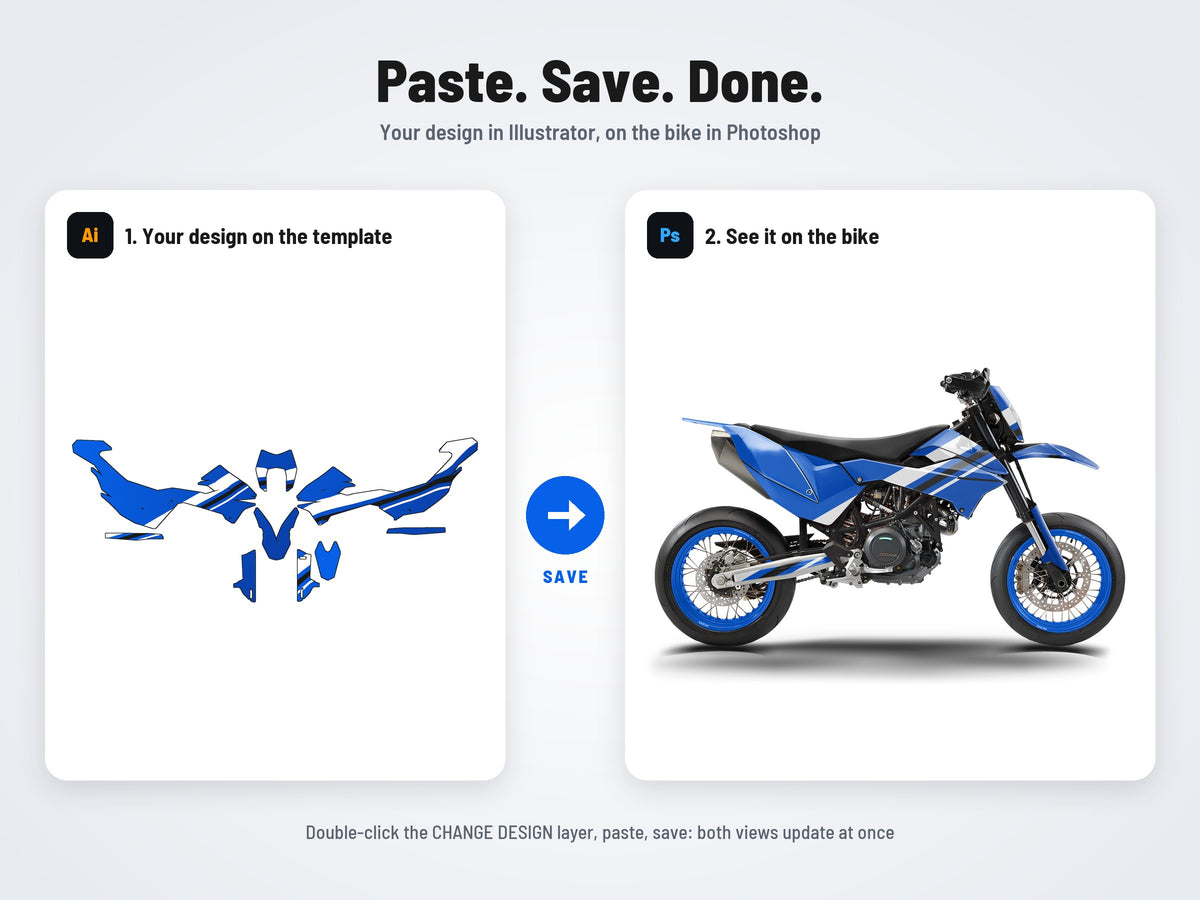 How it works: your design on the flat template in Illustrator, on the bike in Photoshop