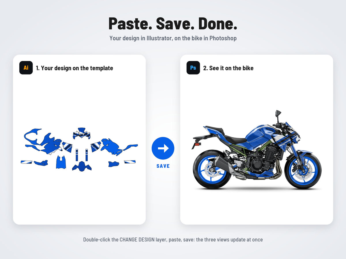 How it works: your design on the flat template in Illustrator, on the bike in Photoshop