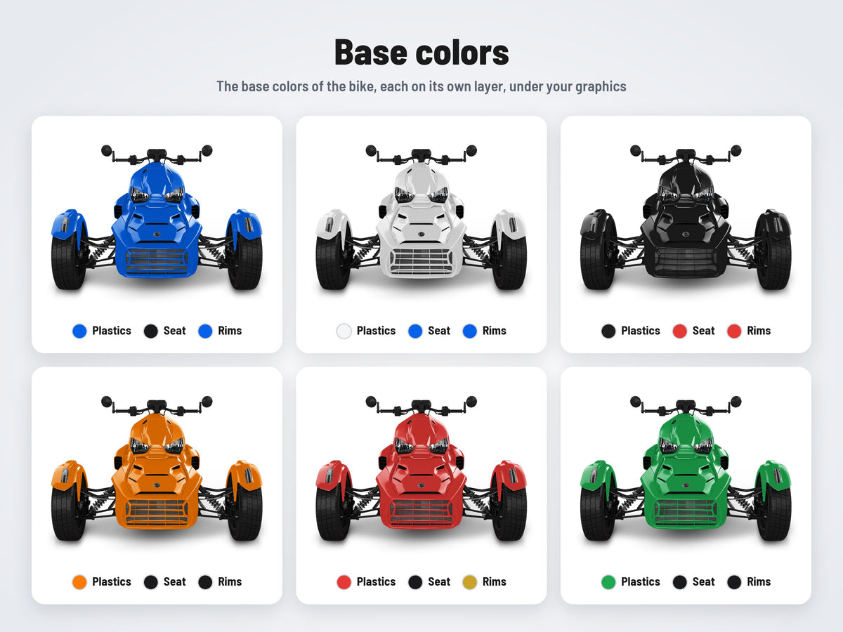 Base colors of the Can-Am Ryker mockup in six combinations