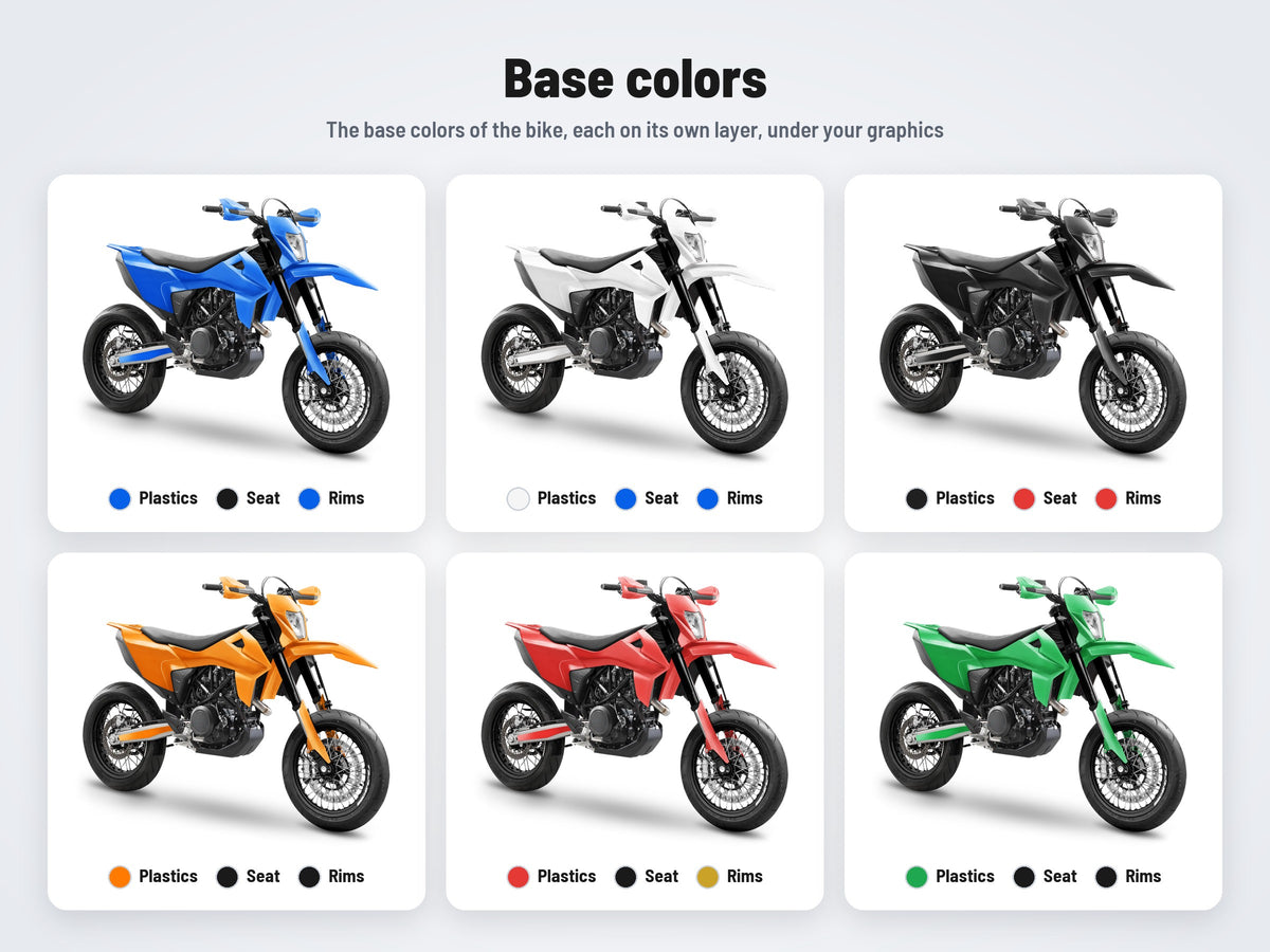 Base colors of the KTM 690 SMC R 2019-2024 mockup in six combinations