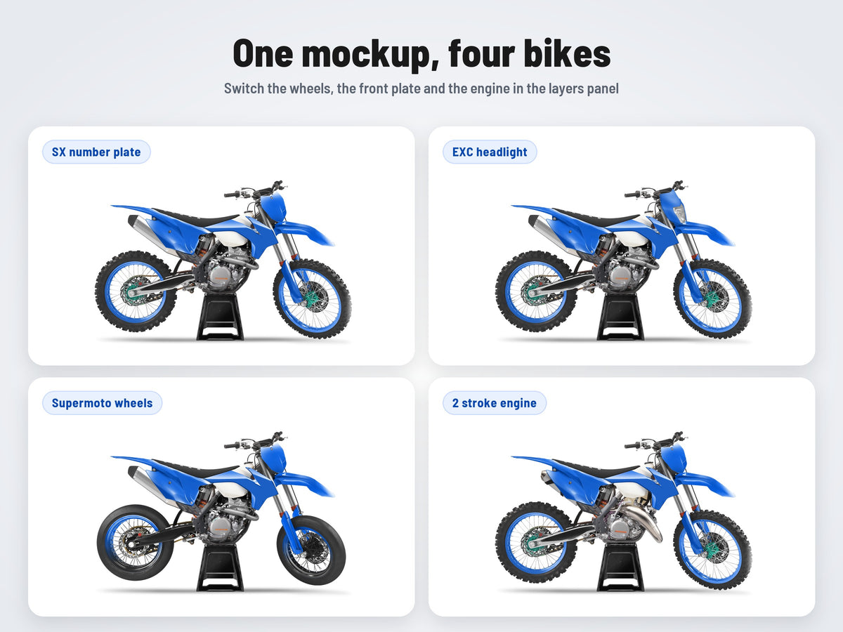 KTM SX 2013-2015 or EXC 2014-2016: motocross or supermoto wheels, SX plate or EXC headlight, 2 or 4 stroke engine