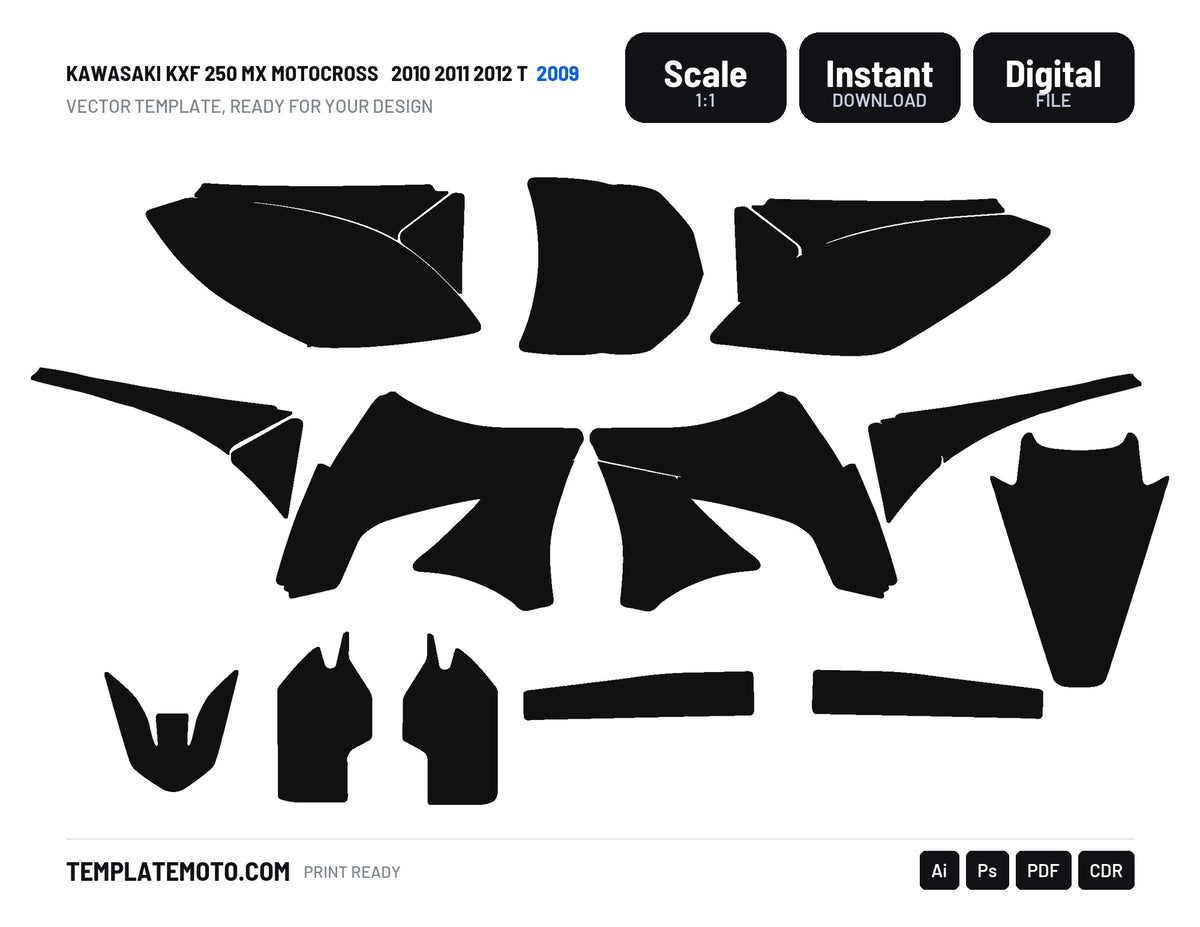 Kawasaki KXF 250 MX Motocross 2009 2010 2011 2012 Graphics Template, scale 1:1 vector file