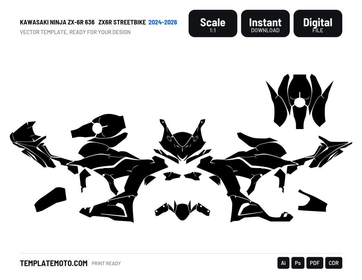 KAWASAKI NINJA ZX-6R 636 2024-2026 ZX6R Streetbike Graphics Template Vector, scale 1:1 vector file