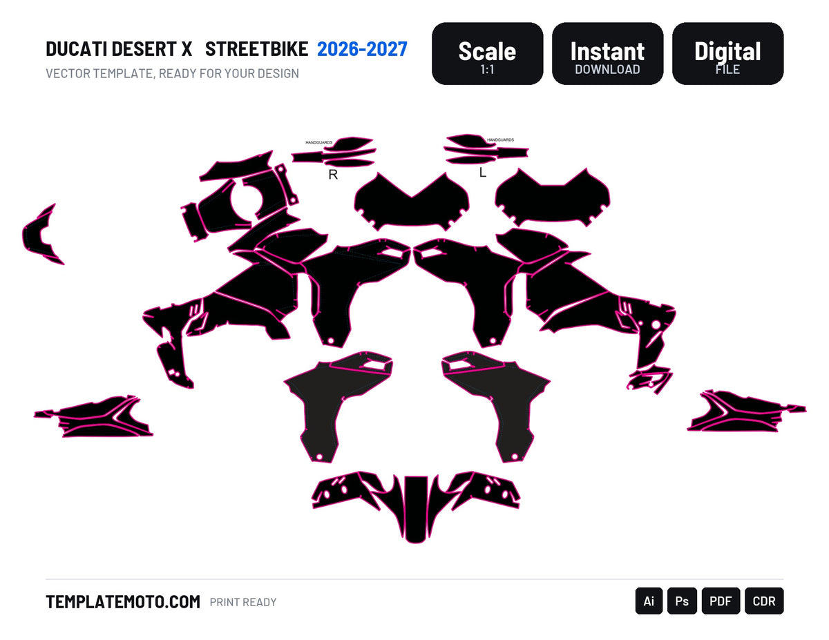 Ducati Desert X 2026-2027 Streetbike Graphics Template Vector, scale 1:1 vector file