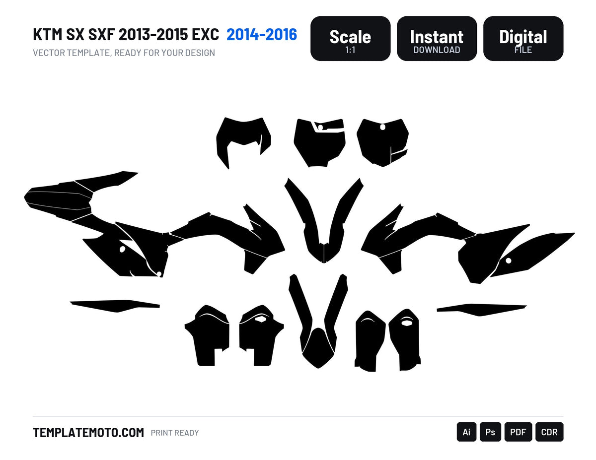 KTM SX SXF 2013-2015 and EXC 2014-2016 graphics template, scale 1:1 vector file