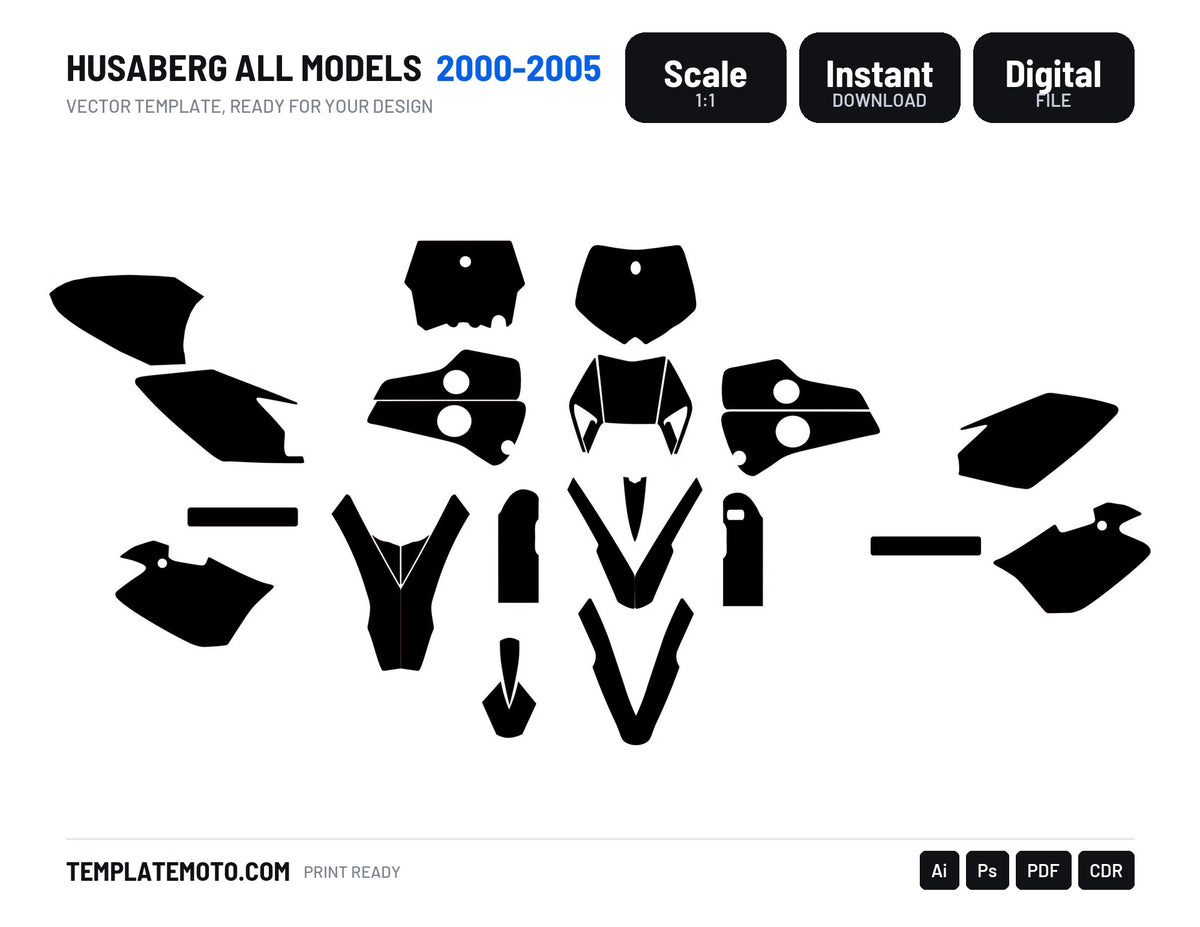 Husaberg all models 2000-2005 enduro motocross graphics template, scale 1:1 vector file
