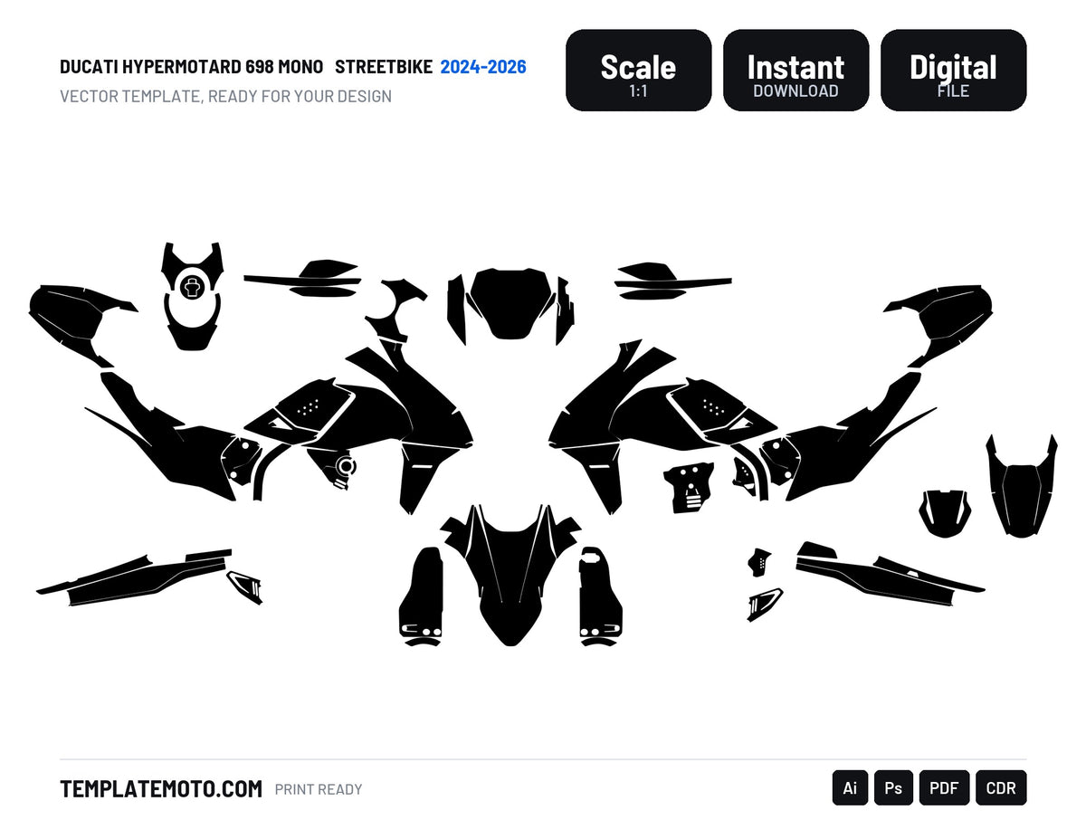 DUCATI HYPERMOTARD 698 MONO 2024-2026 Streetbike Graphics Template Vector, scale 1:1 vector file