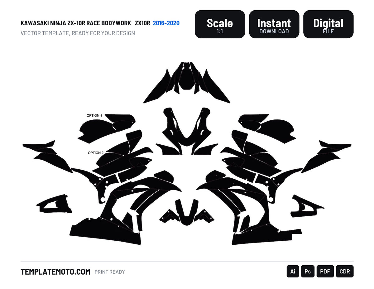 KAWASAKI NINJA ZX-10R RACE BODYWORK 2016-2020 ZX10R Graphics Template Vector