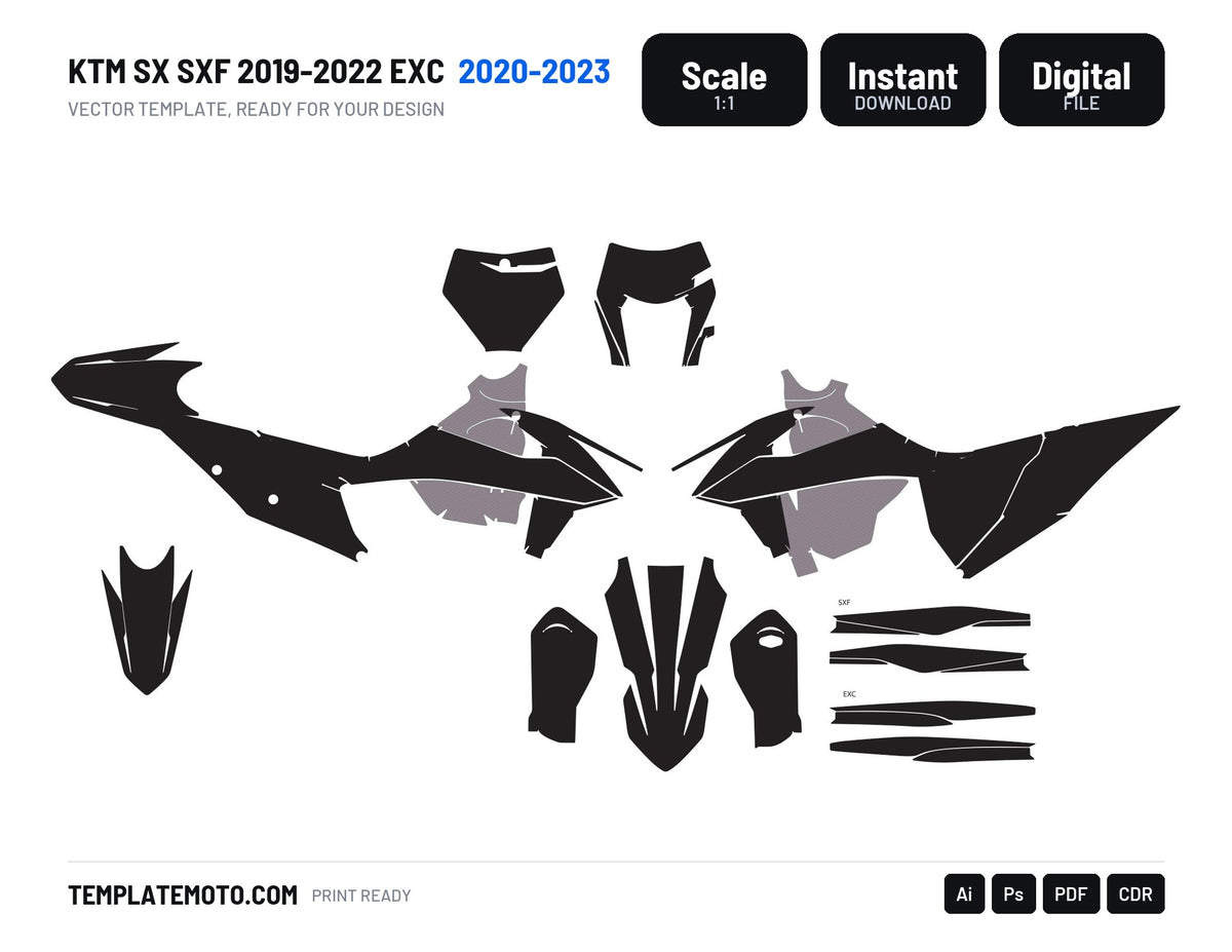 KTM SX SXF 2019-2022 and EXC 2020-2023 graphics template, scale 1:1 vector file